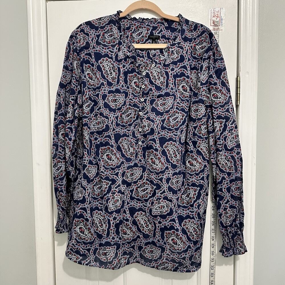 Talbots Paisley Top Plus size 3x Blue Ruffle Trip Popover Lightweight - Picture 2 of 9